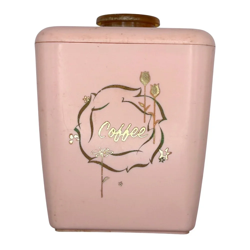 Vtg Pink Lustro Ware Coffee Canister MCM Plastic Gold Floral Retro Cottagecore